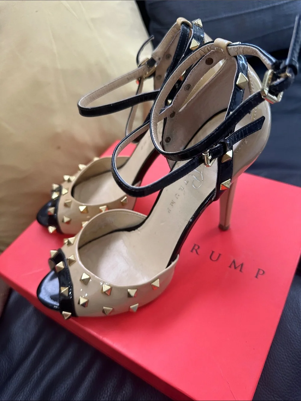 Studded Two-Tone Ankle Strap Peep-Toe Heels - Beige/Black